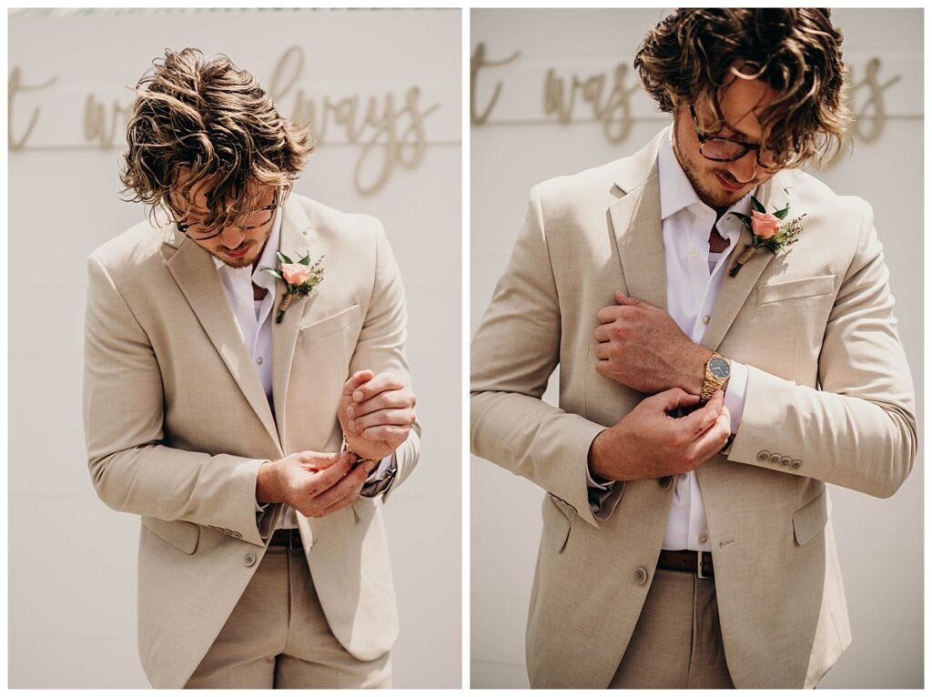 Groom Jeremiah adjusting his cufflinks before his Bramblewood Pittsburgh wedding.