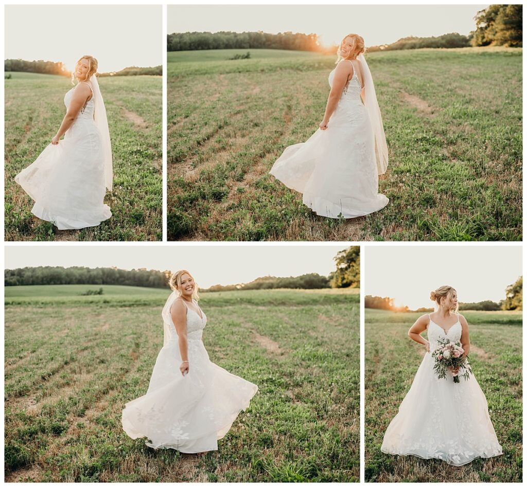 Bride Gianna twirling in her dress in the fields during golden hour at Bramblewood.