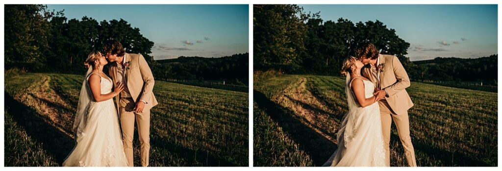 Bride in Groom in the field during sunset at Bramblewood.