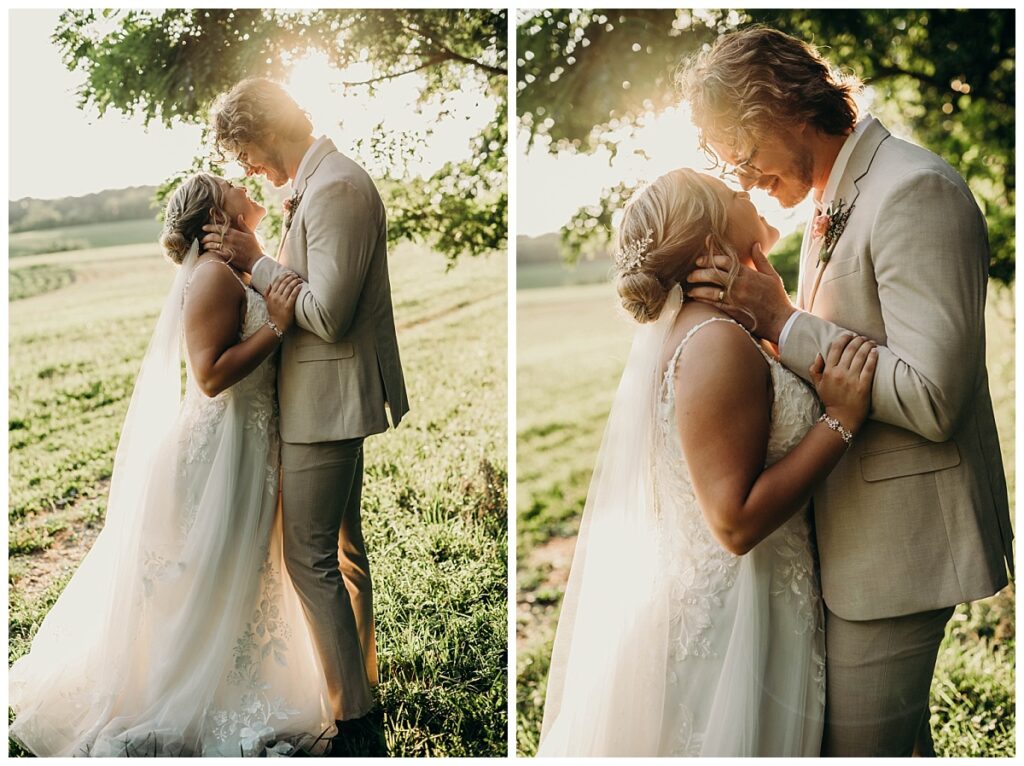 Bride and groom sharing a tender moment under Bramblewood’s oak trees.