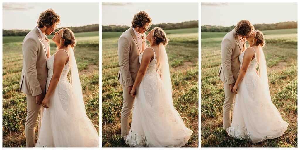 Bride and groom smiling at each other during golden hour at Bramblewood Pittsburgh.