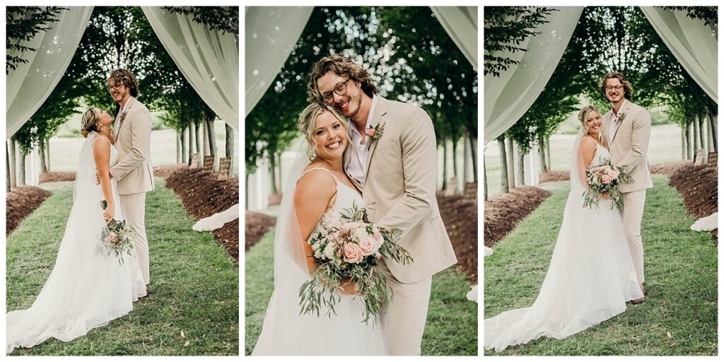 Newlyweds embracing with Bramblewood’s lush greenery in the background.