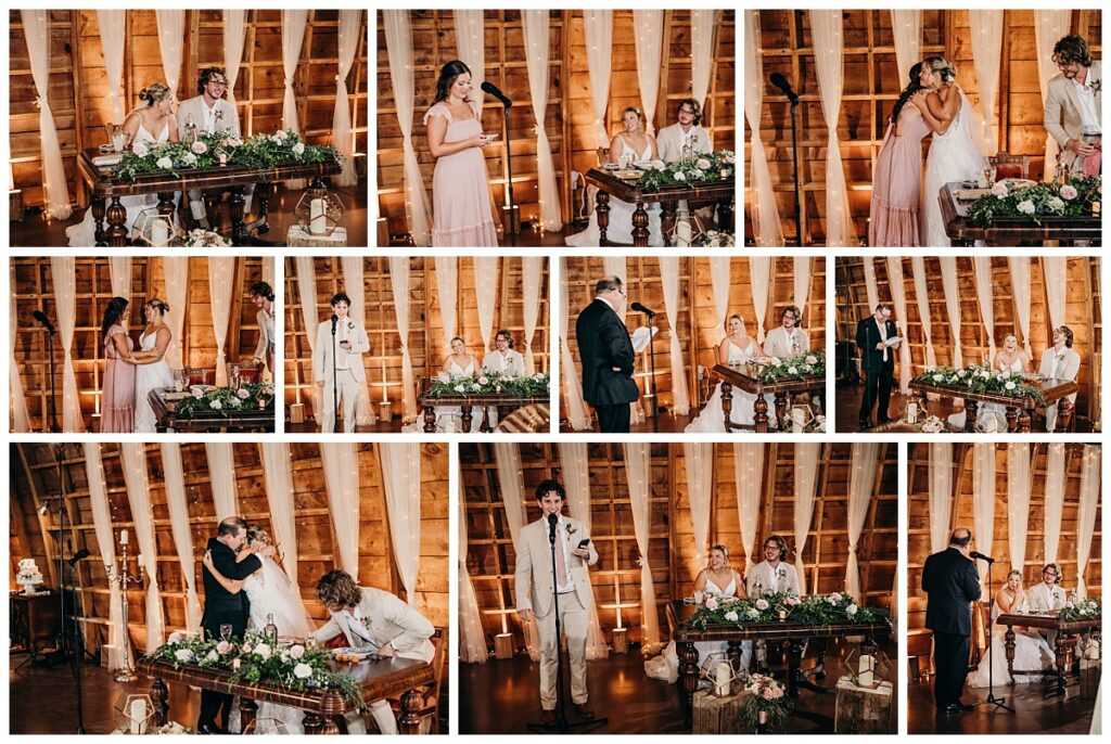 Bride and groom laughing during heartfelt wedding toasts at Bramblewood.